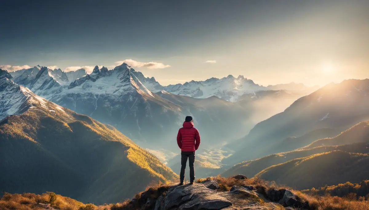 Image depicting a person standing confidently with a panoramic view of mountains in the background.